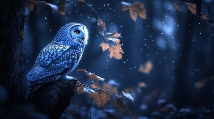 Aufkleber - A serene owl perched on a tree in a mystical, snowy forest scene.