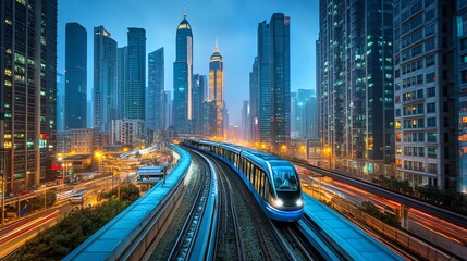 Poster - A futuristic train travels through a vibrant cityscape at dusk, showcasing urban transport.