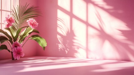 Aufkleber - A serene pink interior with flowers and soft shadows, creating a calming atmosphere.