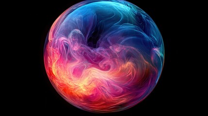Poster - abstract iridescent sphere with swirling colors, glowing softly against a pitch-black background