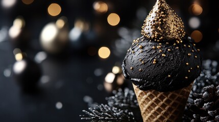 Wall Mural - Black Ice Cream Cone with chrismas new year decor toys on black background, monochrome minimal closeup