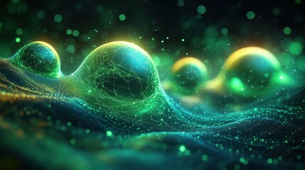 Poster - abstract digital illustration featuring glowing green spheres and dots on a dark background, represe