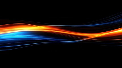 Poster - abstract background with blue and orange gradient light streaks on black, glowing blurred motion eff
