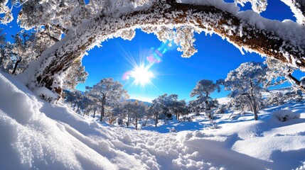 Aufkleber - A serene winter landscape with snow-covered trees and a bright sun shining in a clear blue sky.