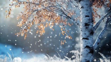 Poster - A serene winter scene featuring a birch tree with golden leaves and softly falling snowflakes.