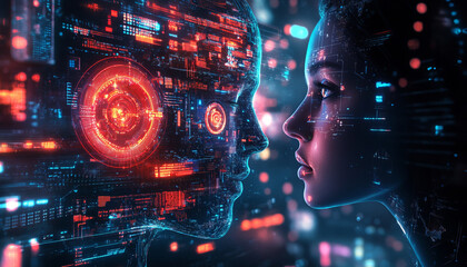 Poster - AI technology interface with human face, showcasing future innovations