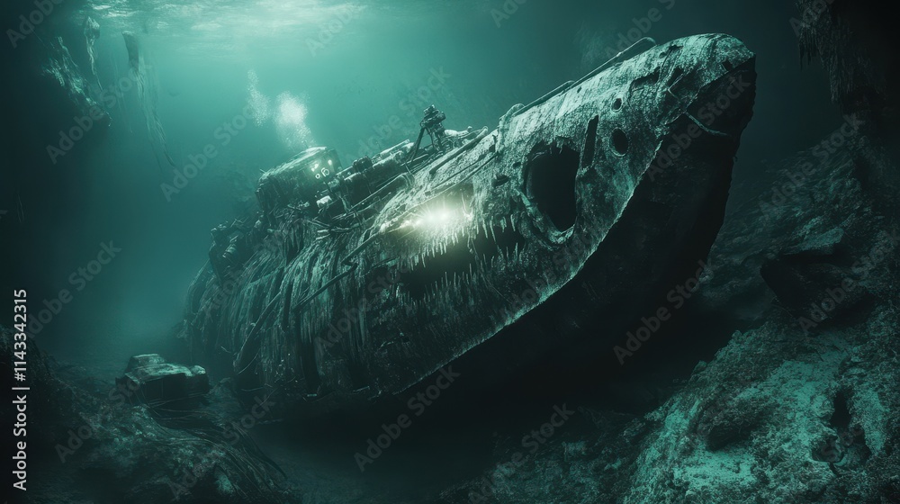 Scary Depth Scary monster and deep-sea vehicle underwater, prehistoric marine ...