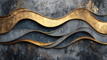 Poster - the abstract oil painting wall art is 3d in style and made of golden lines, gray and black drawing n