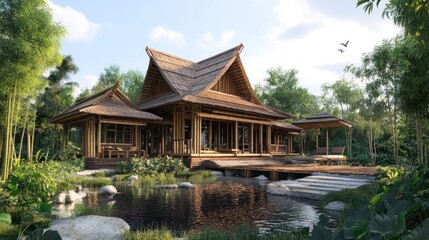 Poster - A serene wooden house surrounded by lush greenery and a tranquil pond.