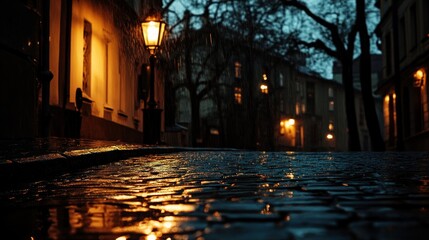 Poster - A serene, rainy evening street illuminated by warm lights and reflections.