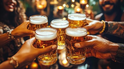 Friends Enjoying Beer at Brewery Pub Restaurant in Happy Hour Celebration with Glasses Raised Together