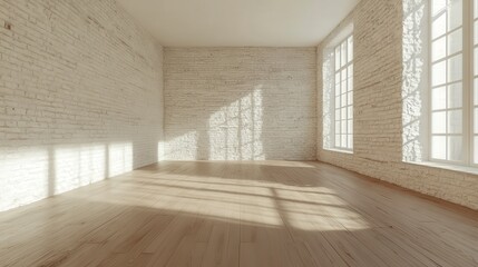 Poster - An empty room with a wooden floor and white brick walls