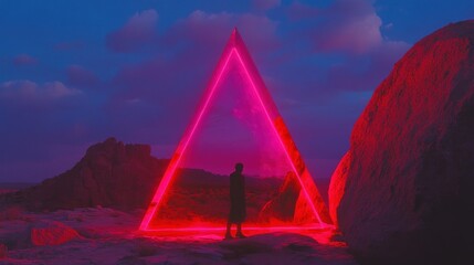 Aufkleber - A silhouetted figure stands before a glowing pink triangle in a rocky landscape at dusk.