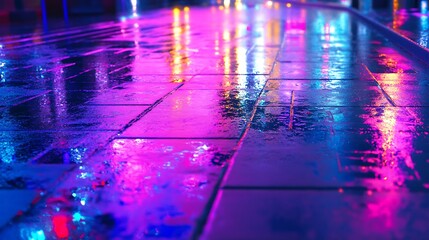 Wall Mural - Wet City Pavement Reflecting Neon Lights At Night