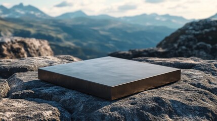 Poster - A sleek, dark rectangular object rests on rugged rocks against a mountainous backdrop.