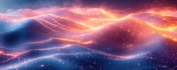 Poster - Futuristic Digital Background with Glowing Waves and Neon Particles for Technology and Data Analysis