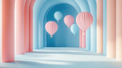 Poster - Multiple blue air balloons floating gracefully in a minimalist blue studio, celebrating happiness and joy with pastel-colored 3D