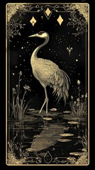 Wall Mural - Elegant Crane Stands in Dark Water With Floral Accents