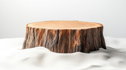Wall Mural - A wooden stump stage on sand, isolated on a white background, featuring a simple and clean product display setting.