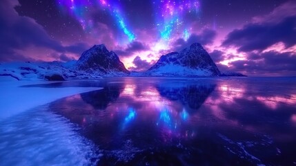 Aufkleber - A stunning landscape featuring mountains, a reflective lake, and vibrant auroras in the sky.