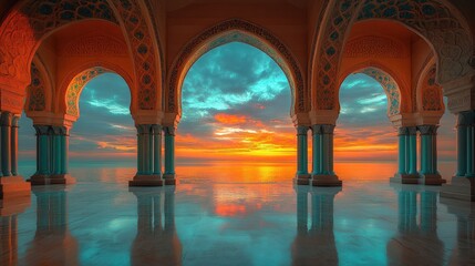 Aufkleber - A stunning sunset view through ornate arches by the sea, reflecting vibrant colors on the floor.
