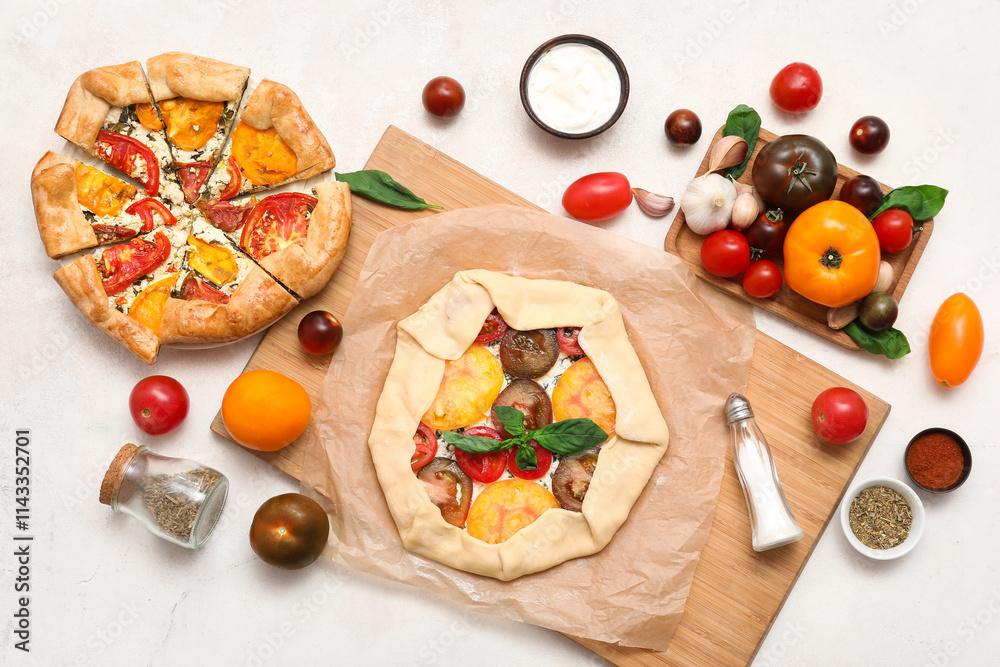 Wooden board with uncooked tomato galette on white background
