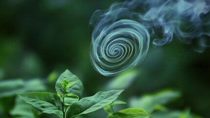 Poster - A swirling smoke spiral above vibrant green leaves, symbolizing nature and tranquility.