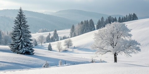 Poster - A snowy landscape with a tree in the foreground