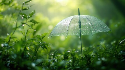 Poster - A translucent umbrella surrounded by lush greenery, glistening with raindrops in sunlight.