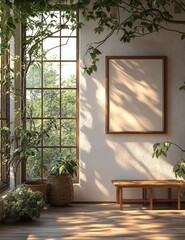 Poster - Minimalist Scandinavian Interior Decor Empty Picture Frame White Wall Soft Natural Light Shadows