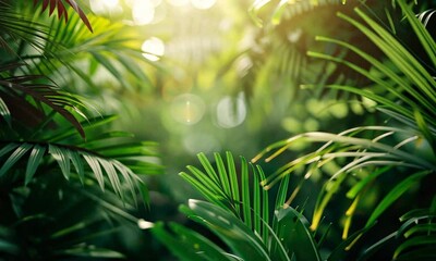 Wall Mural - tropical green foliage with sun flare