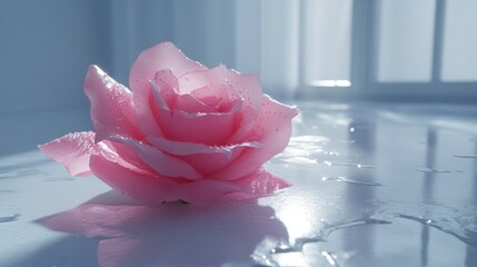 Poster - Pink Rose Petal on Wet Surface with Soft Light and Reflection