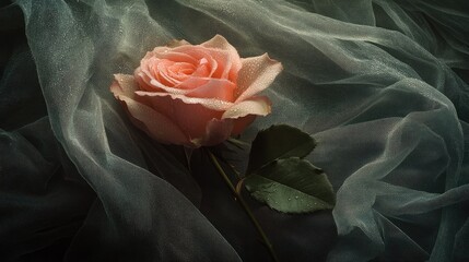 Poster - Delicate Pink Rose on Sheer Fabric with Soft Lighting and Dewdrops