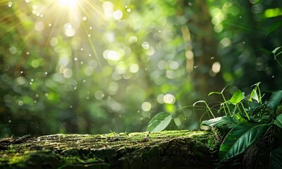 Wall Mural - sunlight beams through lush forest, illuminating vibrant green foliage and moss-covered log