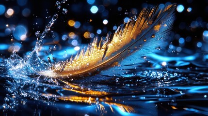 Aufkleber - A vibrant feather floats in water, illuminated by shimmering light and splashes.