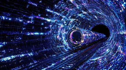 Aufkleber - A vibrant tunnel of light with tracks, suggesting movement through a digital landscape.