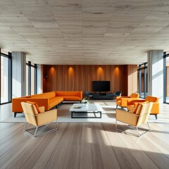 Modern office lounge with a long orange couch coffee table and two armchairs wood concrete design wood design concrete architecture wall floor modern