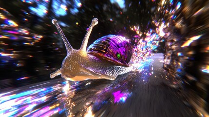 Aufkleber - A vibrant, surreal depiction of a snail in motion with colorful light effects.