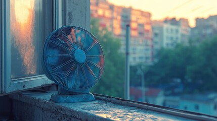 Poster - A vintage fan rests on a windowsill, capturing a serene urban sunset view.