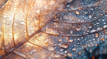 Poster - Macro Shot of Leaf Surface Showing Moisture Droplets in Vibrant Golden Light