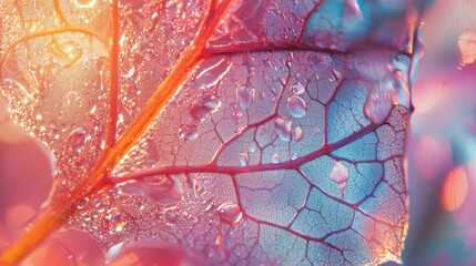 Poster - Sunlit Close-Up View of a Leaf Surface with Water Droplets and Colorful Background Effects