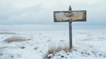 Poster - A weathered signpost stands in a snowy landscape under a cloudy sky.