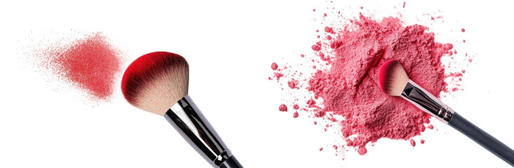 a close-up shot of two makeup brushes with pink powder on a transparent background one brush has powder scattered around it. while the other is nestled in a pile of powder