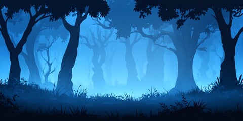 Poster - A misty forest scene with silhouetted trees and a serene atmosphere.