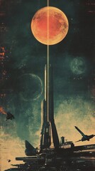 Wall Mural - distant planet towering structure spacecraft orbiting