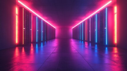 Poster - Data Center Technology Officer with Laptop in Neon Lit Warehouse Surrounded by Servers and Digitalization Lines