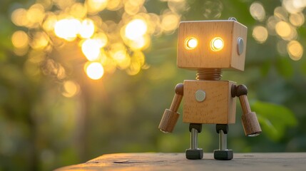 Poster - A wooden robot figure with glowing eyes stands against a blurred sunset background.