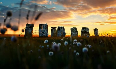 Wall Mural - sunset at stone circle with vibrant wildflowers