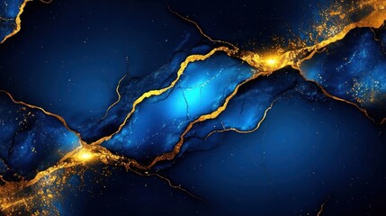 Poster - Abstract blue and gold design with textured patterns and glowing elements.