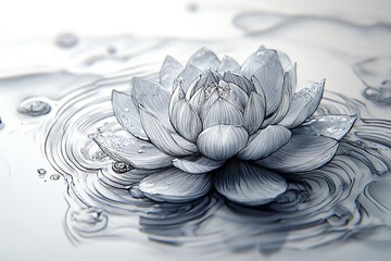 Poster - A detailed illustration of a lotus flower floating on water, surrounded by ripples.